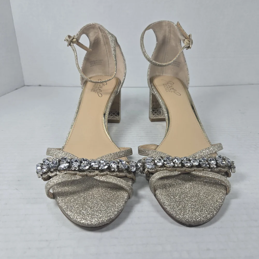 Jewel Badgley Mischka Giona Gold Jeweled Ankle Strap Block Heels Size 8 - Picture 2 of 15